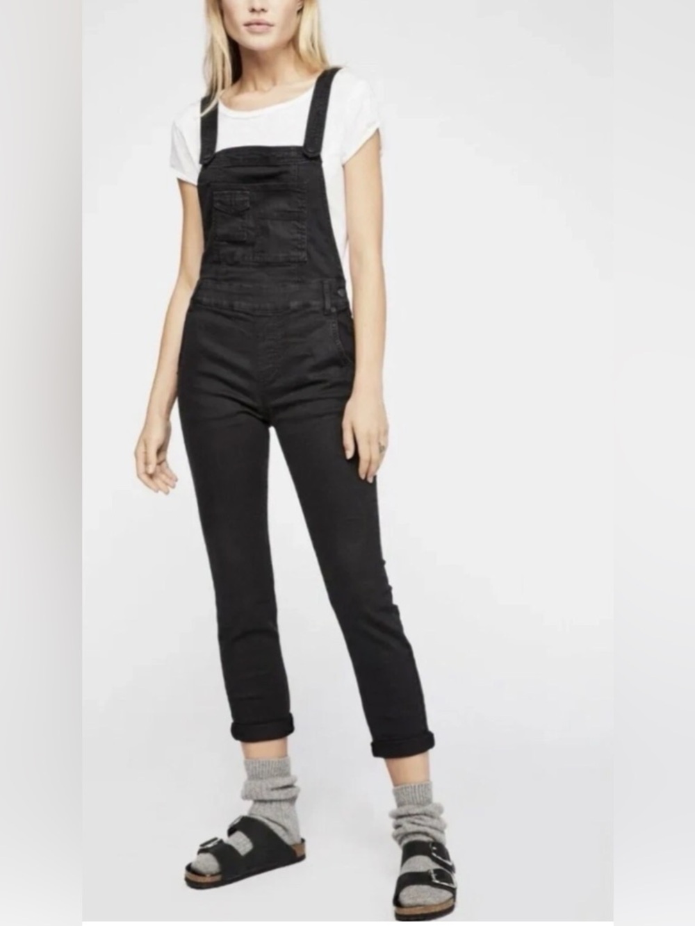 Free People Womens Washed Black Lexden Skinny Raw Hem Denim Overalls 27